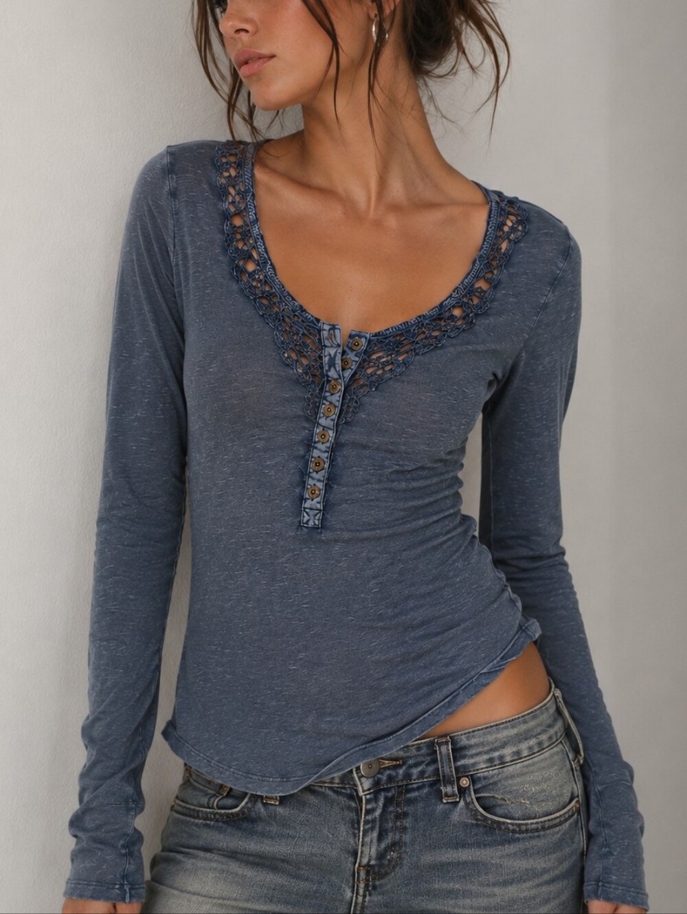 Free People We The Free "Our Song" Henley Cuff Top- Denim Grey Size small